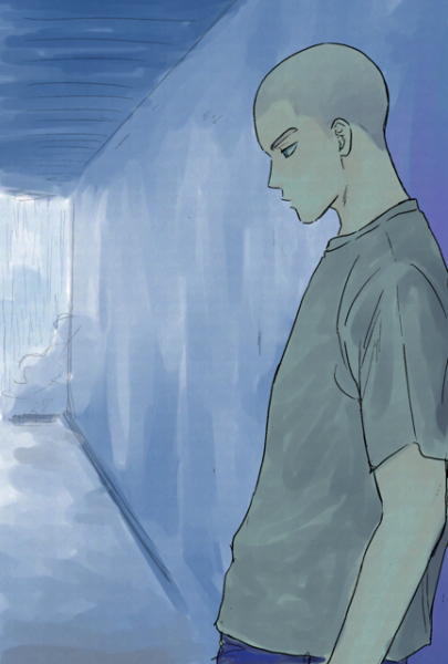 雨を避けて屋根のある場所で壁にもたれる花井。