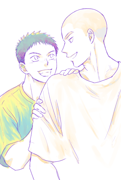 田島と花井のイラスト。 田島が花井の右肩に手をかけ、歯を見せて笑っている。 花井は顔だけ田島の方を向き、少し口を開いて笑っている。