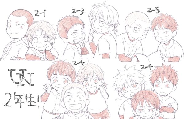 ニシウラ野球部2年生のイラスト。 上段から 2-1 スヤマ、ミズタニ 2-3 タジマ、ハマダ 2-5 ハナイ、ニシヒロ 2-6 オキ、サカエグチ、シノオカ 2-4 ミハシ、イズミ、アベ