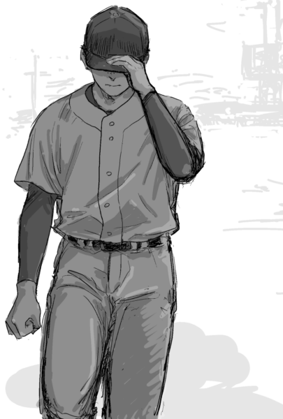 ユニフォームを着た田島が、帽子のつばに手を添えながら俯いて歩いている。