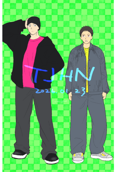 田島くんと花井。私服の全身イラスト。 画像中央にTJHN 2023.01.23の文字。