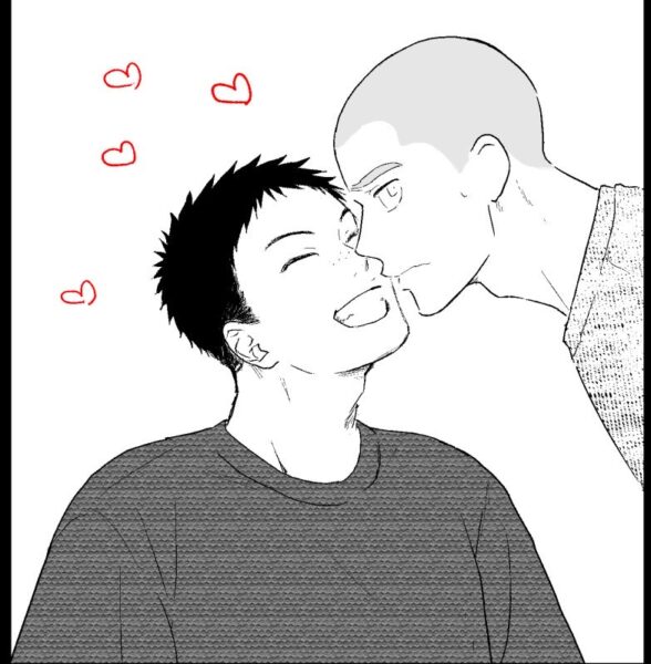 眉を下げて顔を田島に近づける花井。田島は満面の笑みで花井に顔を向けている。